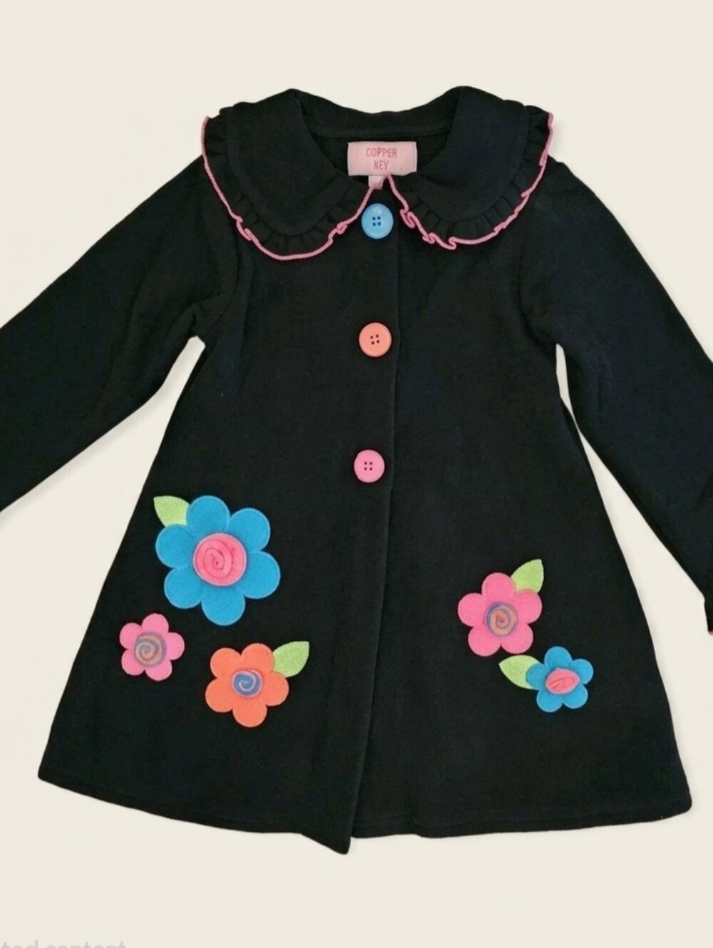 Copper Key Toddler Girls Black Fleece Flower Coat Jacket Size 2/3 Excellent